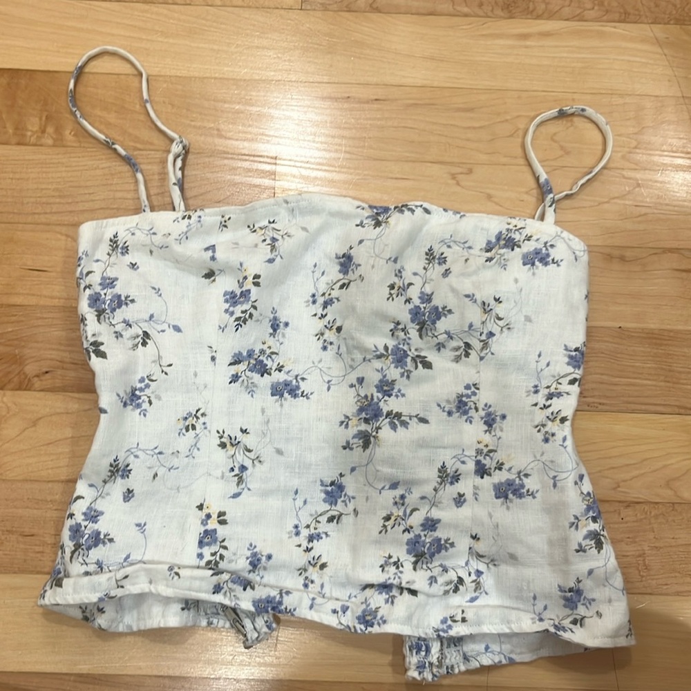 REFORMATION Overland Linen Top in Blue Floral Print